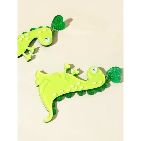 Bright Green Dinosaur‎ Earrings with Googly Eyes - Picture 6 of 8